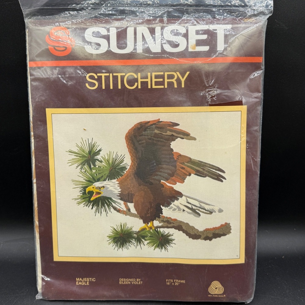 Vintage 1983 Sunset Stitchery Majestic Eagle Crewel Embroidery Kit Forest MCM